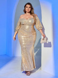 Plus Size Women Off Shoulder Sequin Sexy V-Neck Mermaid Bandage Dress