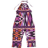 Women Summer Printed Sleeveless Halter Neck Backless Jumpsuit