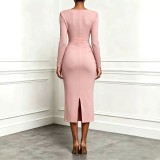 Women Autumn Solid V-Neck Long Sleeve Ruffle Slit Dress