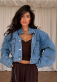 Women American Stand Collar Washed Denim Long Sleeve Jacket