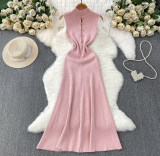 Women Cutout Metal Buckle Mock Neck Autumn Winter Elegant Basic Knitting Maxi Dress