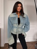 Women American Turndown Collar Washed Denim Long Sleeve Jacket