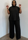 Plus Size Women Casual Summer Round Neck Short Sleeve Top & Wide Leg Pants Two Piece Set