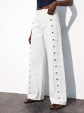 Women Side Double Row Button Denim Pants