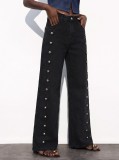 Women Side Double Row Button Denim Pants