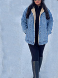 Women Autumn Winter Fleece Lined Long Sleeve Sherpa Denim Jacket