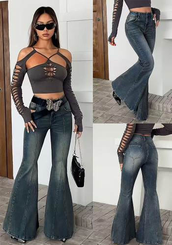 Women American Washed Denim Bell Bottom Pants