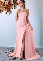 Women Sexy One Shoulder Beaded Slit Formal Party Evening Dress