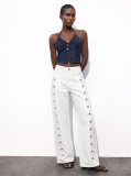 Women Side Double Row Button Denim Pants