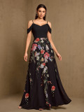 Women's Patchwork Floral Print Strap V Neck Off Shoulder A-Line Evening Gown