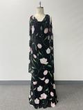 Summer Women's Printed Sleeveless Deep V Neck Low Back Tie Strap Bell Bottom A-Line Dress