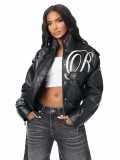 Fall Winter Women's Embroidered Stand Collar PU Leather Jacket