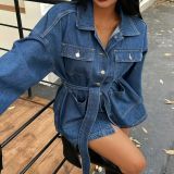 Women's Dark Blue Denim Tie Waist Long Sleeve Turndown Collar Slim Waist Short Shirt Dress Y2K Style
