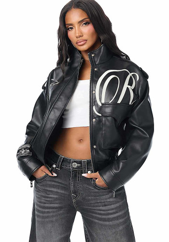 Fall Winter Women's Embroidered Stand Collar PU Leather Jacket