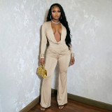 Fall Winter Women's Cowl Neck Knot Long Sleeve Sexy Slim Fit Jumpsuit
