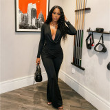 Fall Winter Women's Cowl Neck Knot Long Sleeve Sexy Slim Fit Jumpsuit