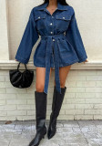 Women's Dark Blue Denim Tie Waist Long Sleeve Turndown Collar Slim Waist Short Shirt Dress Y2K Style