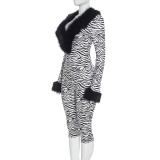 Fall Winter Women's Zebra Print Fuzzy Long Sleeve Sexy Slim Fit Jumpsuit