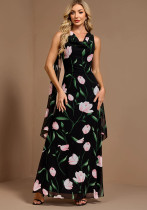 Summer Women's Printed Sleeveless Deep V Neck Low Back Tie Strap Bell Bottom A-Line Dress Summer Women's Printed Sleeveless Deep V Neck Low Back Tie Strap Bell Bottom A-Line Dress