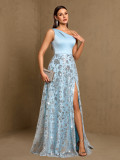 Fall Winter Women's Slash Shoulder Hollow Out High Split Patchwork Sparkly A-Line Evening Gown