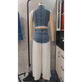 Summer Women's Sleeveless V Neck Denim Vest and High Waist Pleated Wide Leg Pants Two-Piece Set for Holidays