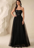 Women's Strapless Elegant Mesh Sequin Lace-Up Back A-Line Evening Gown
