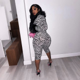 Fall Winter Women's Zebra Print Fuzzy Long Sleeve Sexy Slim Fit Jumpsuit
