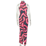 Women's Black Print Chic Color Block Bodycon Elegant High Neck Sleeveless Long Dress