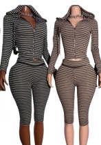 Women's Ribbed Casual Hooded Long Sleeve Stretch Capri Pants Set
