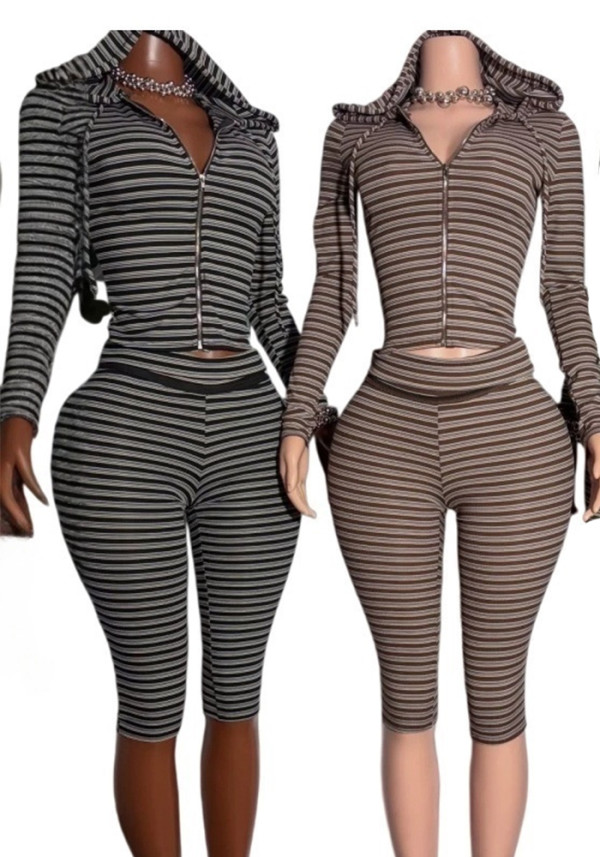 Women's Ribbed Casual Hooded Long Sleeve Stretch Capri Pants Set