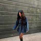 Women's Dark Blue Denim Tie Waist Long Sleeve Turndown Collar Slim Waist Short Shirt Dress Y2K Style