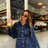 Women's Dark Blue Denim Tie Waist Long Sleeve Turndown Collar Slim Waist Short Shirt Dress Y2K Style