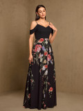 Women's Patchwork Floral Print Strap V Neck Off Shoulder A-Line Evening Gown