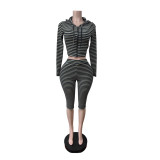 Women's Ribbed Casual Hooded Long Sleeve Stretch Capri Pants Set