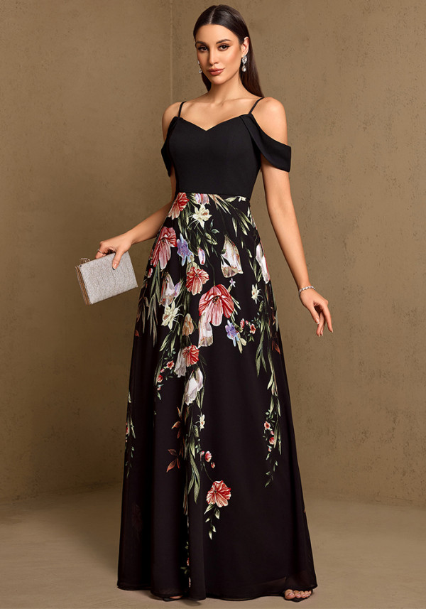 Women's Patchwork Floral Print Strap V Neck Off Shoulder A-Line Evening Gown