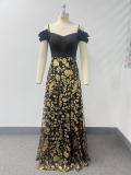 Women's Chic Strap High Split Lace-Up Back Contrast Color Mesh Sequin Formal Party A-Line Evening Gown