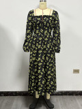 Women's Plaid V Neck Ruffle Print Slim Fit Puff Sleeve Long Dress