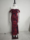 Women Mesh Backless High Slit Off-Shoulder Pleated Bodycon Maxi Strap Dress