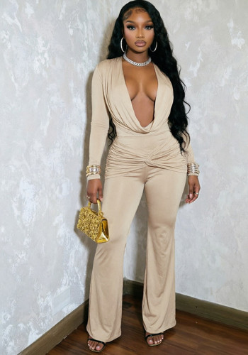 Fall Winter Women's Cowl Neck Knot Long Sleeve Sexy Slim Fit Jumpsuit