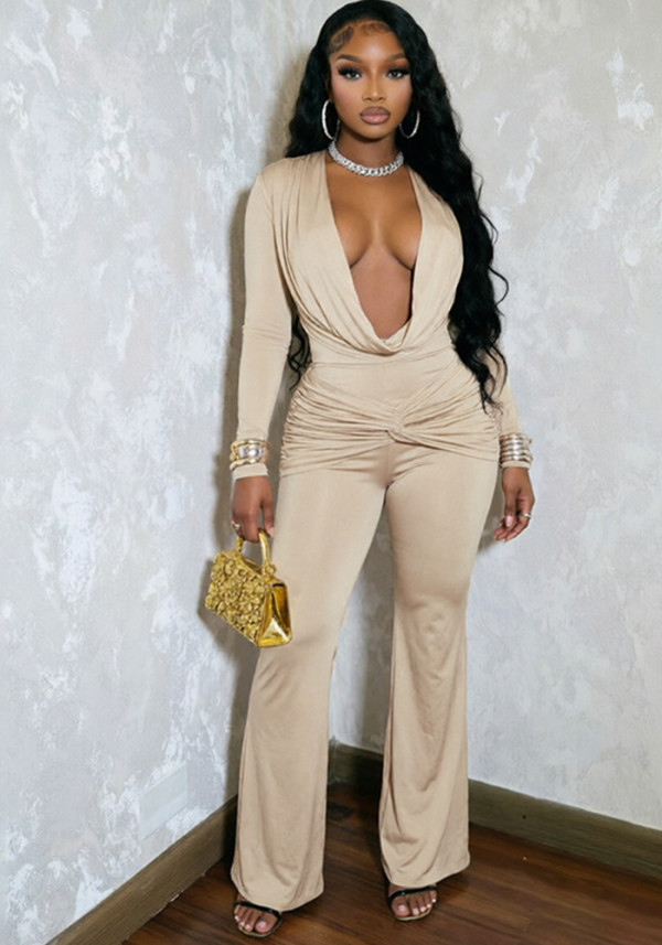 Fall Winter Women's Cowl Neck Knot Long Sleeve Sexy Slim Fit Jumpsuit