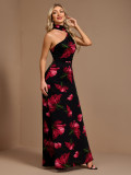 Spring Summer Women's Slash Shoulder Tie Strap Floral Print A-Line Low Back Elegant Cocktail Dress