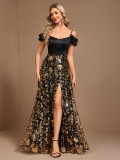 Women's Chic Strap High Split Lace-Up Back Contrast Color Mesh Sequin Formal Party A-Line Evening Gown