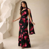 Spring Summer Women's Slash Shoulder Tie Strap Floral Print A-Line Low Back Elegant Cocktail Dress