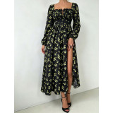 Women's Plaid V Neck Ruffle Print Slim Fit Puff Sleeve Long Dress