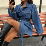 Women's Dark Blue Denim Tie Waist Long Sleeve Turndown Collar Slim Waist Short Shirt Dress Y2K Style