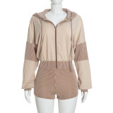 Women's Patchwork Hooded Long Sleeve Zipper Top and Tight Fitting Shorts Two-Piece Set