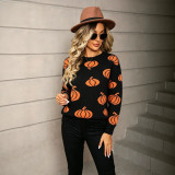 Halloween Plus Size Women's Pumpkin Pullover Long Sleeve Knitted Sweater