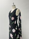 Summer Women's Printed Sleeveless Deep V Neck Low Back Tie Strap Bell Bottom A-Line Dress