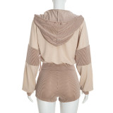 Women's Patchwork Hooded Long Sleeve Zipper Top and Tight Fitting Shorts Two-Piece Set