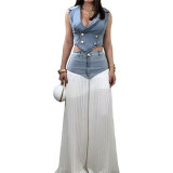 Summer Women's Sleeveless V Neck Denim Vest and High Waist Pleated Wide Leg Pants Two-Piece Set for Holidays